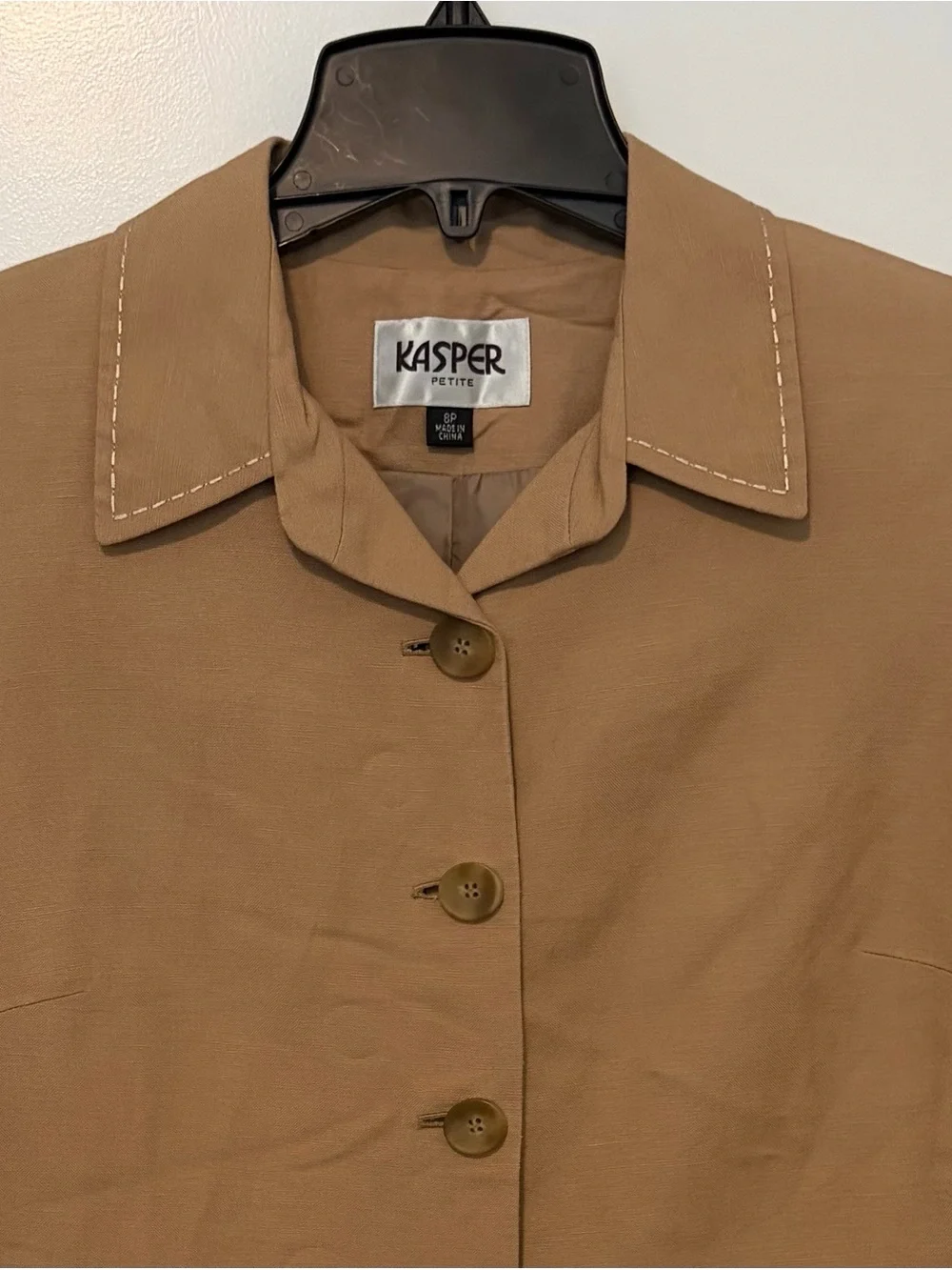 Kasper Petite Tan Button-Front Linen Jacket Tan W/Topstitching 8P